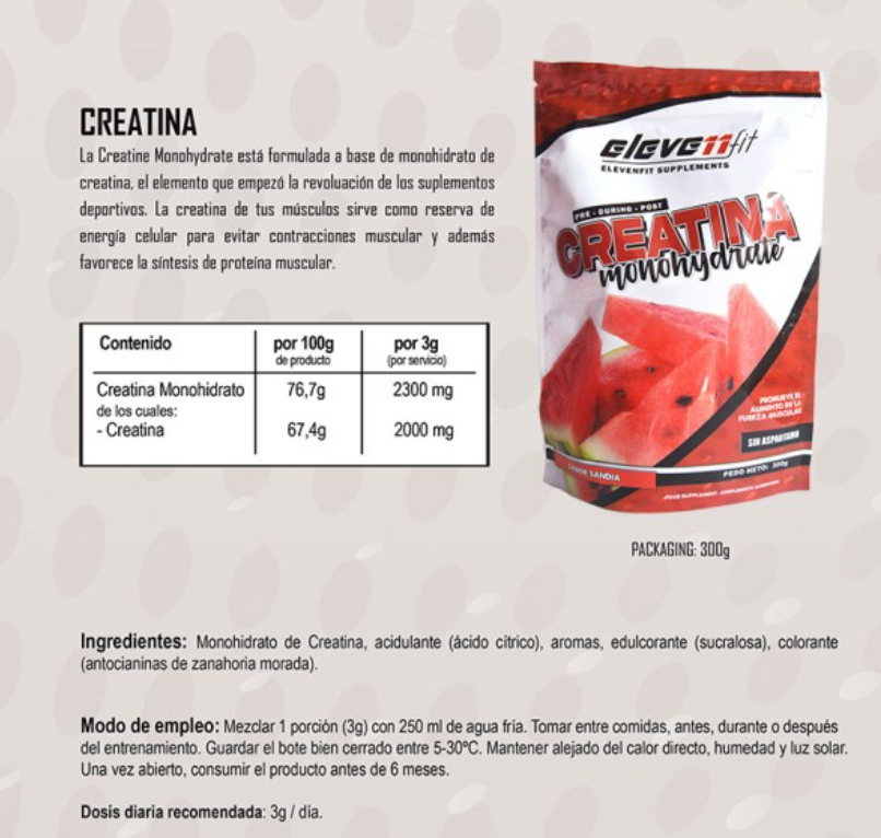 CREATINA MONOHYDRATE SABOR SANDIA 300GR Eleven Fit